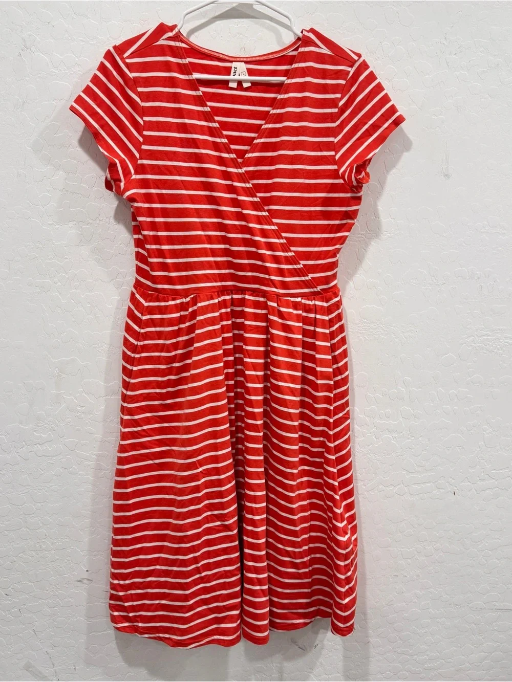 Pact Striped Midi Dress Womens Large Orange White Surplice V Neck Casual Summer